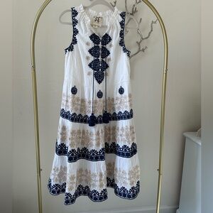 Figue White and Blue Sleeveless Sundress with Bib Collar